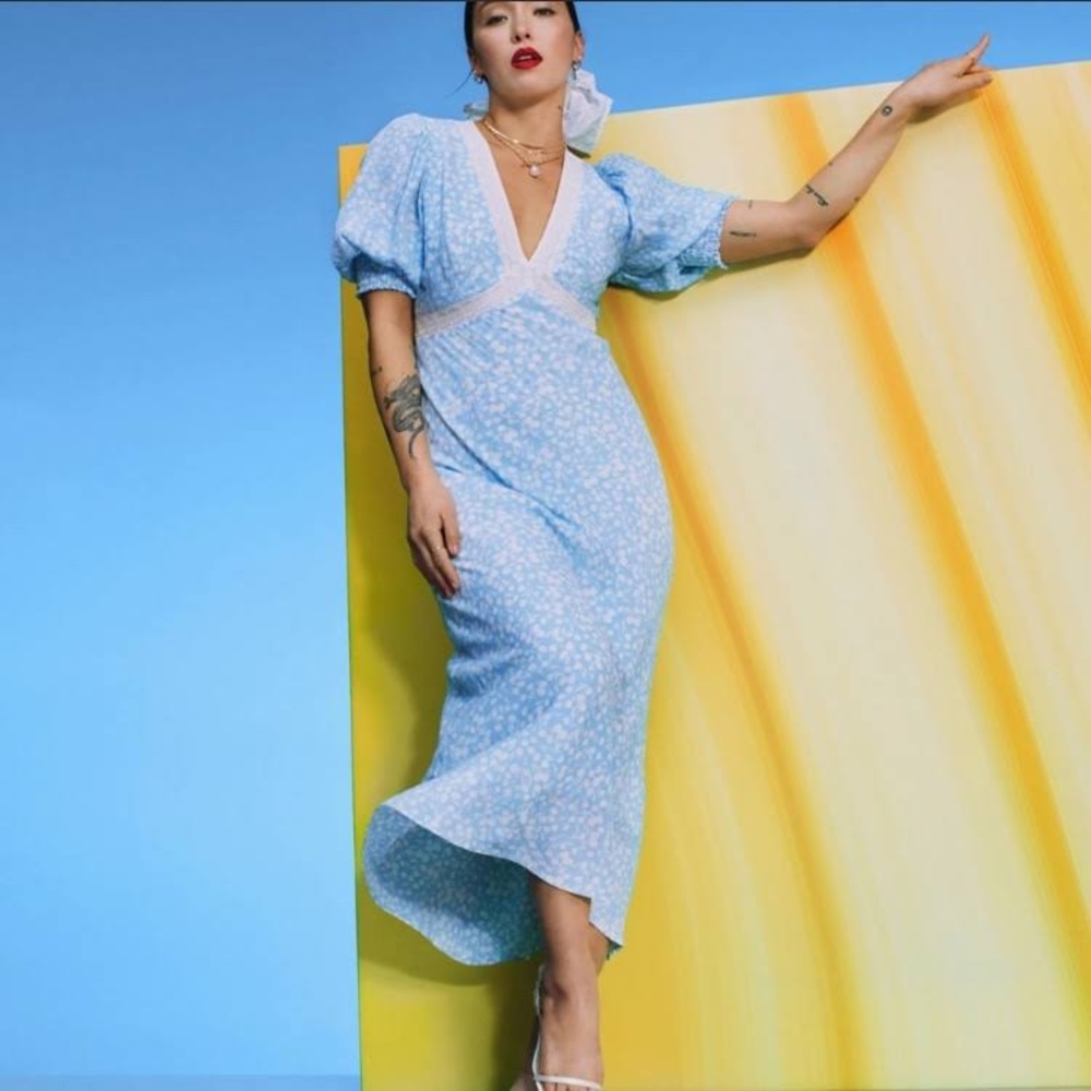 RIXO Light Blue Floral Maxi Dress with White Trim